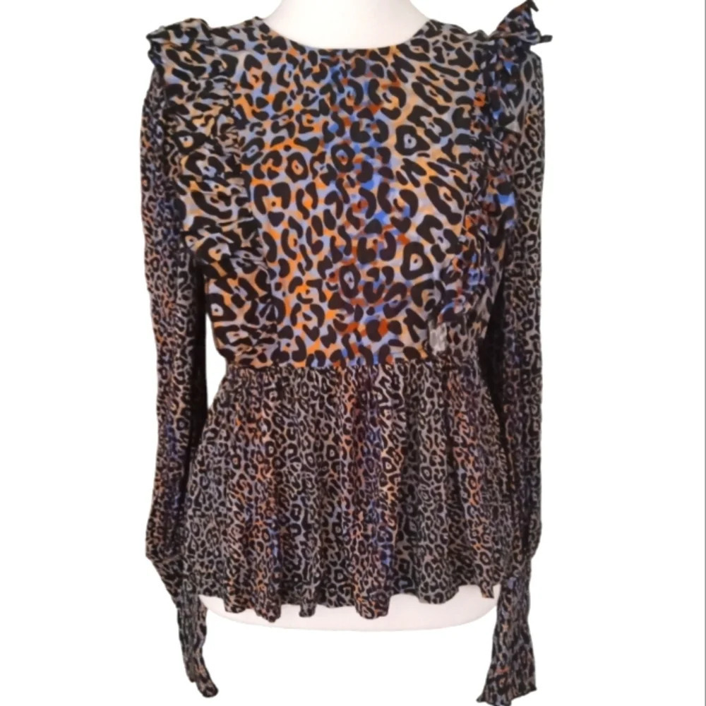 Anthropologie Blank London Multicolor Leopard Print Ruffle Detail Blouse Size XS